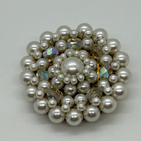 Japan Jewelry - Vintage Faux Pearl Brooch Aurora Borealis Crystals Wreath Cluster 1950s Japan